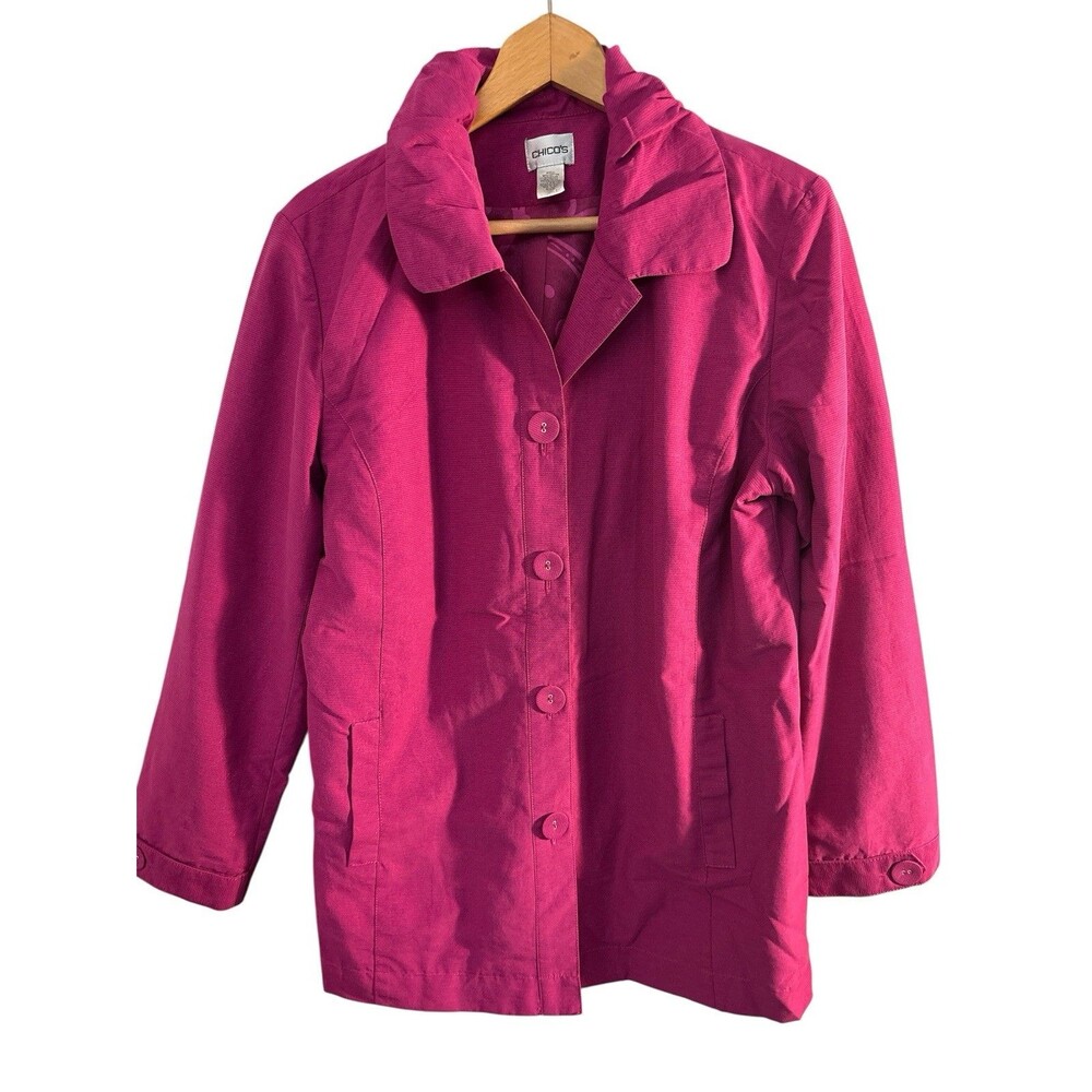 Chico's Pink Metallic Jacket ruffled collar barbiecore coquette career Lg